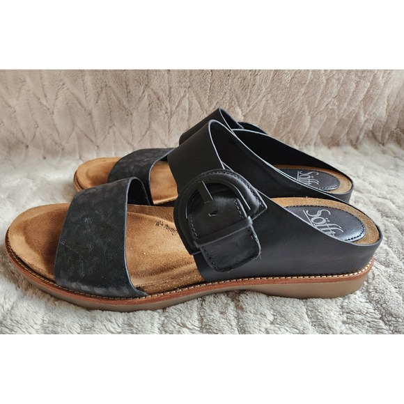 Sofft Shoes - Sofft Braye Black Leather Leopard Print Buckle Slide Sandals 9.5M